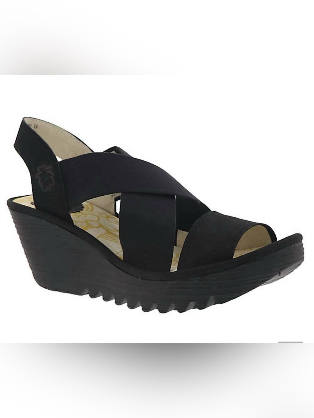 Fly London yaji Black Crisscross Platform Wedge Sandal NWOT